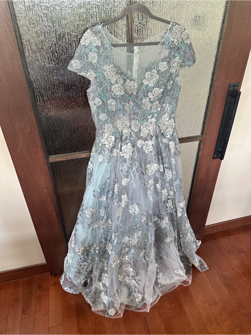 Mac Duggal Steel Blue and Silver Floral Embroidered Maxi Gown - Picture 13 of 14